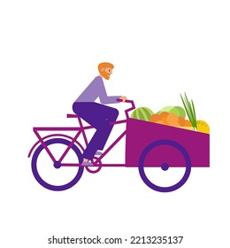 Man on cargobike carries fruits and vegetables from market. Rider on bakfiets on a shopping. Flat vector illustration