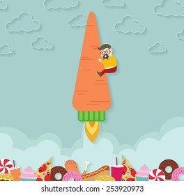 Man on carrot rocket take off from junk food.