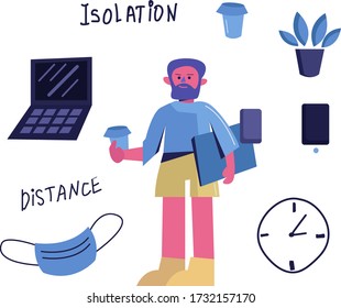 
A man on the cartantine of a house surrounded by household items and work