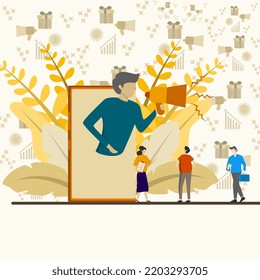 man on cell phone with megaphone doing advertising promotion. Vector Conceptual Illustration of Mobile Advertising, Social Media Campaign, Digital Marketing.