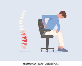 Man on a chair being back pain symptom and a spine has a red color. Illustration about backache from seating wrong position.