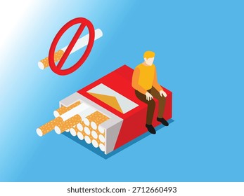Hombre en paquete de cigarrillos con señal de prohibición de dejar de fumar Ilustración vectorial isométrica 3d