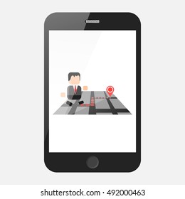 Man on city map in smartphone