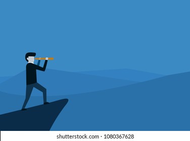Man on cliff with monocular and copy space, vector