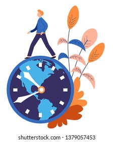 Man on clock dial time management and deadline abstract concept vector business and work successful strategy advance or effective planning and schedule entrepreneur or businessman countdown and timer