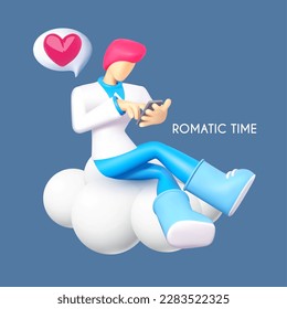 Man on a cloud sending heart sign with speech bubble. Love communication. Feelings expression design. Fall in love