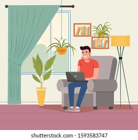 Man on comfortable couch and using laptop at living room.  Vector flat style illustration