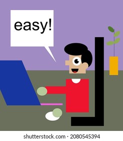 man on computer doing easy work, saying that it is easy