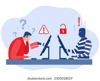 A man on the computer laptop  screen and the scammer stealing a bank card from attack on call or online banking app Scammer,shopping online fraud, scam phone,vector