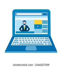 The man on the computer screen. Coaching, online education, blogging, internet news channel Vector illustration