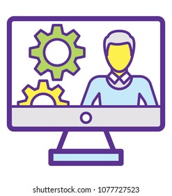 
A man on computer screen with gears, hr management concept
