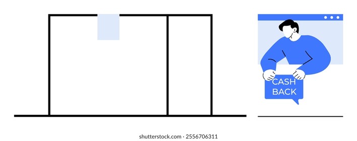 A man on a computer screen holding a note labeled Cash Back. Next to it, two columns suggest a comparative feature. Ideal for online shopping, cash back programs, digital transactions, discounts