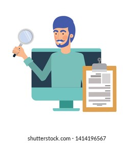 man on computer screen with white background