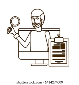 man on computer screen with white background