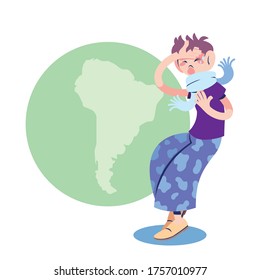 Man On Continent Sick With Flu Vector Illustration Desing