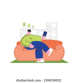 
A man on a coral couch is reading a book. The man in the library is keen on reading a detective story. Vector