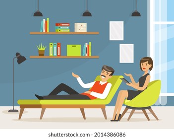 Hombre en sofá en la cita con un psicólogo e ilustración