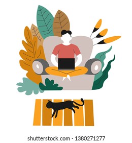Man on couch with laptop homework freelance or distant work vector male character on sofa with mobile computer and cat on carpet abstract plant freelancer programmer or web designer occupation