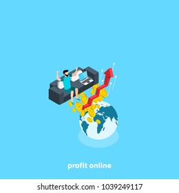 man on the couch with a laptop soared above the globe in awe of the man on the couch with a laptop soared above the globe in awe of the big profits, isometric image, isometric image