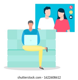 Man on couch with laptop, video call, freelance concept vector. Man in suit sitting in chair with portable computer, Internet connection and online conference. Office worker or freelancer illustration