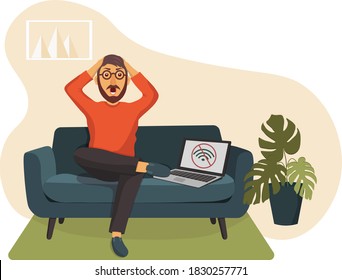 man on the couch in a panic, no Internet and Wi-Fi, no connection, what to do, problem, life stopped