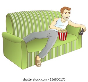 The man on the couch. Viewer on the sofa. Vector illustration.
