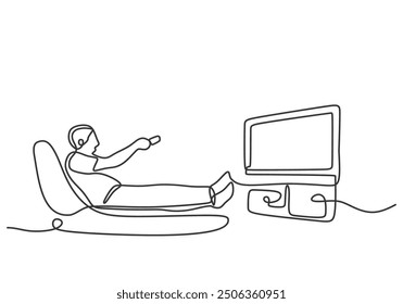 Man on the couch watching TV at home. One line continuous drawing, minimalist hand-drawn illustration.