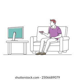 Man on the couch watching tv, changing channels doodle continuous line art vector illustration