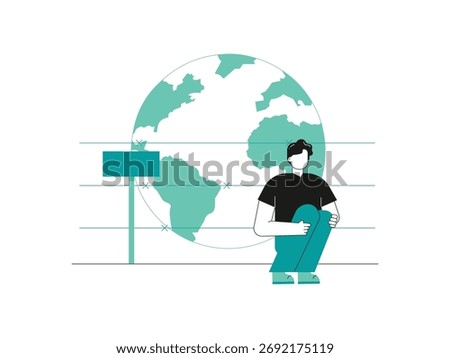 A man on the crossing border is crouched thinking, wanting to survive and migration. Character design. Vector flat illustration