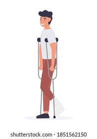 Man on crutches with broken leg in gypsum. Disabled male character during foot bone treatment. Vector illustration of patient with leg injury