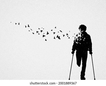 Man on crutches. Death and afterlife. Flying bird. Abstract silhouette