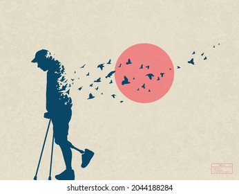 Man on crutches. Death and afterlife. Flying bird. Abstract silhouette