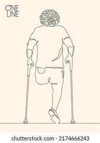Man on crutches. Disabled person linear silhouette. Continuous line