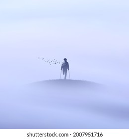 Man on crutches. Human in paradise. Death and afterlife. Foggy clouds