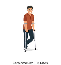 man on crutches isolated on white background. vector illustration