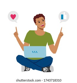 Man on decision to choose somethings. People character with a computer or laptop. Vector flat illustration