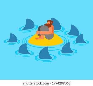 Man on desert island and sharks. vector illustration
 
