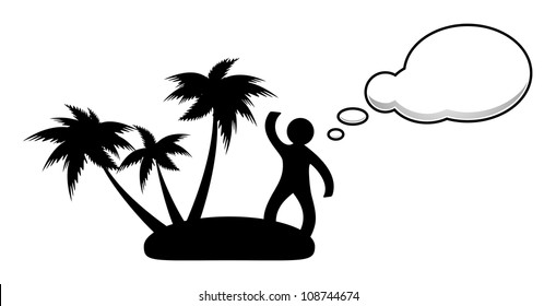 Man on a desert island with speech cloud
