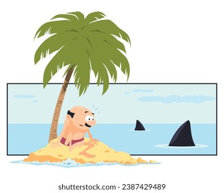 Hombre en una isla desierta rodeado de tiburones. Gente divertida. Plantilla de concepto de ilustración para sitio web, página de inicio web, banner, presentación, social, afiche, promoción o medios impresos.