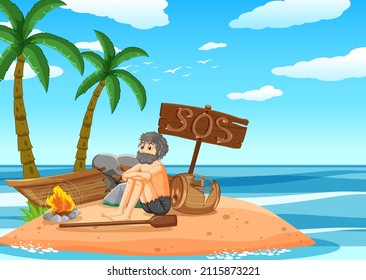 A man on deserted island isolated illustration