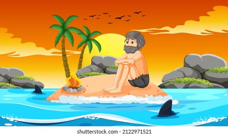 A man on deserted island isolated illustration