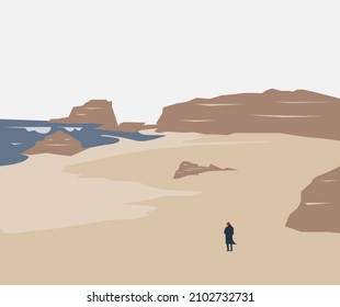 A man on a deserted sandy beach with rocks. Vector illustration. Landscape