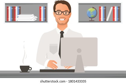 man on desk working office flat illustration