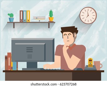 Man on a desktop computer at his home desk. Flat style color modern vector illustration.