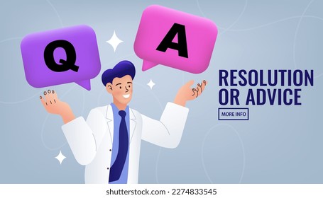 Man on dialog with question and answer. Q and A with businessman. Online support and successful problem solving. Flat vector illustration.