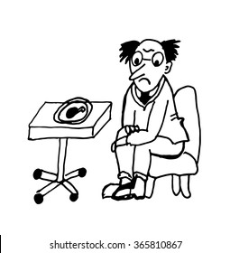 a man on a diet looking at a fried chicken leg sitting in a chair contour caricature sketch comic vector illustration