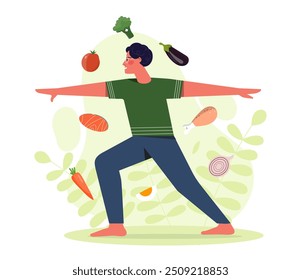 Homem de dieta. Jovem fazendo yoga perto de vegetais. Alimentação saudável com vitaminas. Produtos frescos naturais e biológicos. Pessoa com nutrição adequada. Ilustração de vetor plano isolada no plano de fundo