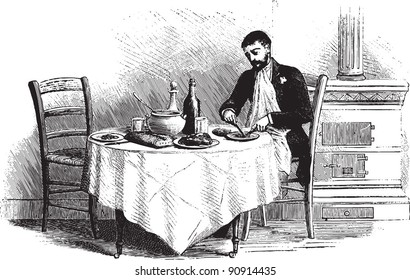 Man on dinning table - Vintage illustration from "La petite soeur par Hector Malot" 1882