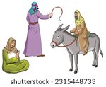 A man on a donkey, a woman carrying a rump, and a man holding a voice