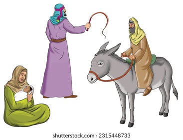 A man on a donkey, a woman carrying a rump, and a man holding a voice